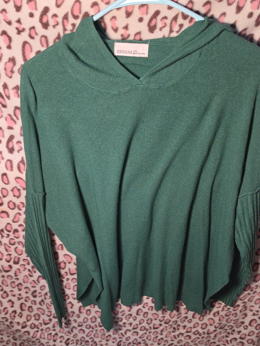 Zenana Outfitters Forest Green Hooded Ribbed-Sleeve Sweater